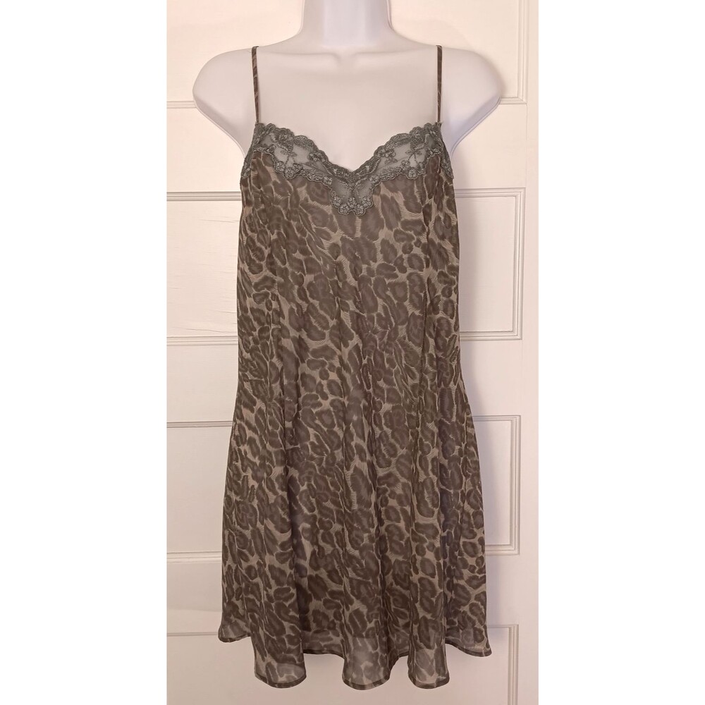 Vtg Victoria's Secret Slip Dress Wn M Green Leopard Chemise Lace Babydoll Y2K